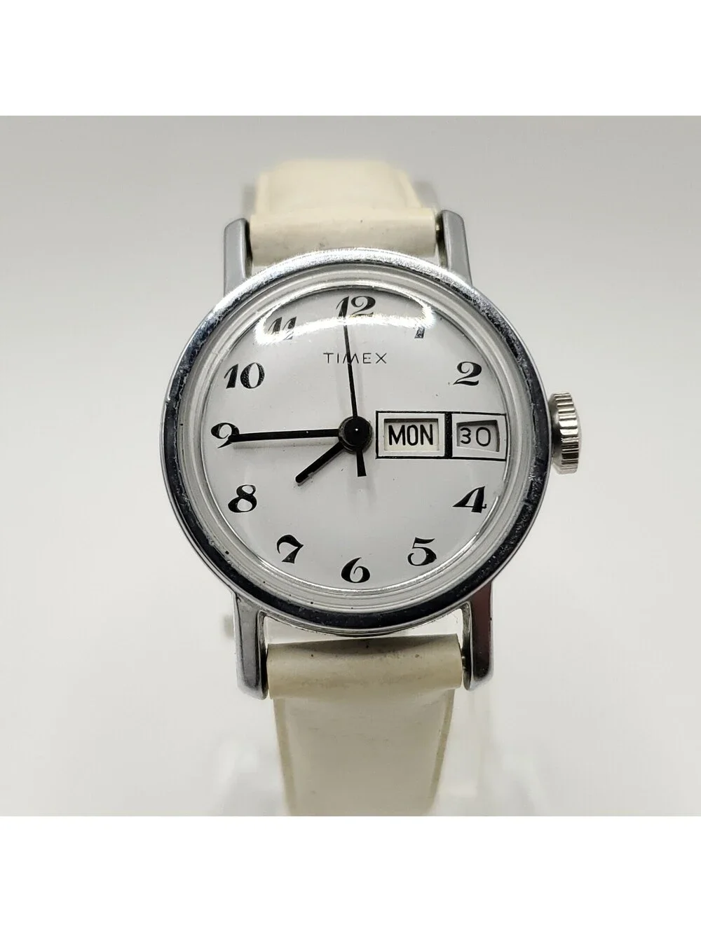 Timex Mechanical White Day/Date Dial Silver Tone Womens Watch 24mm Running